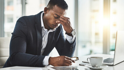 Poster - Business, headache and man with pain, stress and overworked with inflation. Person, employee and accountant in workplace, migraine and frustrated with PC glitch, exhausted and mistake with tax review
