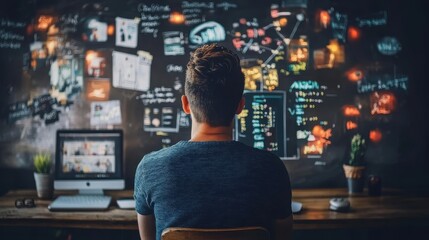 Young caucasian male programmer working on code surrounded by chalkboard ideas