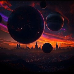 Wall Mural - majestic cosmic scene with oversized planets adorning the sky creating a stunning and surreal landsc