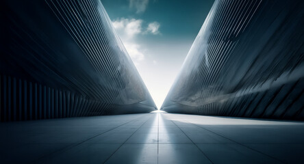 Fototapete - Futuristic architecture featuring converging metallic walls creates a pathway towards a bright light under a sky. The perspective emphasizes depth in this modern urban design.