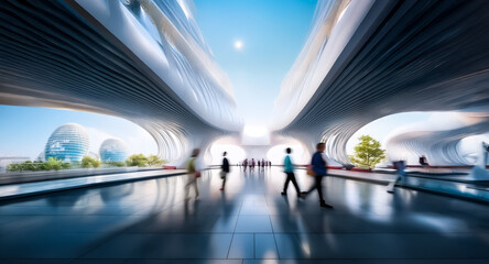 Leinwandbilder - Modern building interior with blurred people walking through curved white hallways. Reflective floor and green plants visible outside openings.