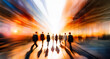 © YiuCheung - Description:A group of business professionals are walking towards a bright light at the end of a city street. Motion blur effect adds a sense of speed and progress, suggesting ambition and forward mo