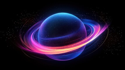 Wall Mural - Vibrant neon planet with illuminated rings in space