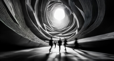 Leinwandbilder - Futuristic tunnel of swirling layers guides figures towards a bright light at the end. Black and white, abstract architecture, mysterious and dynamic.