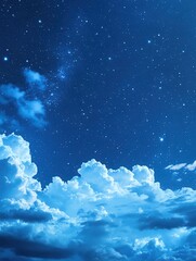 Wall Mural - Ethereal celestial dreamscape of fluffy clouds meeting a vast expanse of starry night sky above in serene blue tones