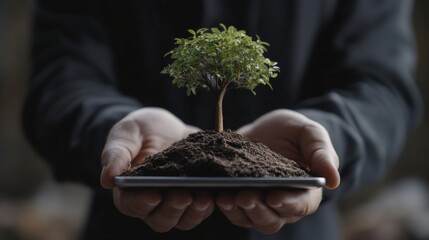 Poster - Create  prompts for stock photos related to A businessman holding a coin on tablet with a tree that grows and a tree that grows on a pile of moneywith - characters and ending with