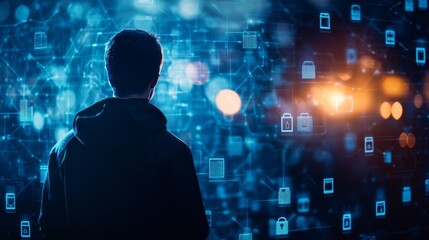 Create  prompts for stock photos related to Cyber security concept. Secure access to user's personal information, information security and encryption with - characters and ending with