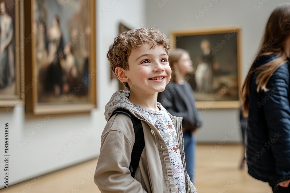 Happy child explores art gallery while admiring classic paintings ...
