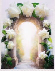 Wall Mural - White background with bold pastel brushstrokes and elegant gardenias. Perfect for wedding invitations, floral branding, and elegant event designs.