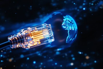 Wall Mural - abstract glowing ethernet cable near digital globe on dark blue background.