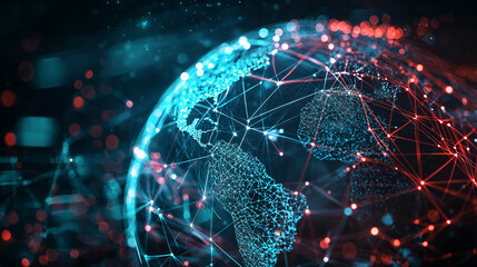 Global network connection digital world abstract technology background web red data blue mesh light