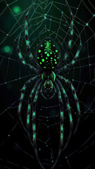 glowing green spider on intricate web in dark background with bokeh lights