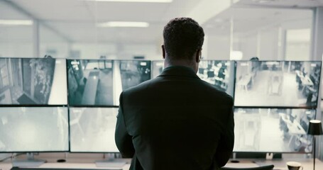 Poster - Man, back and security with screen of surveillance in control room for monitoring safety in building. Male person, CCTV operator or mall cop with display on computer for area footage or observation