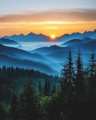 Wall Mural - majestic mountain range silhouette at sunset with vibrant sky and layered blue ridges and misty vall
