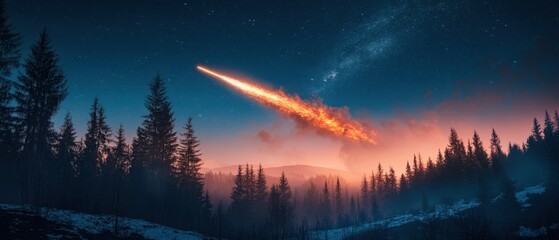 Wall Mural - dramatic meteor shower streaks across the night sky above a serene forest landscape with vibrant col
