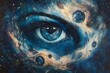 © Volodymyr - Painting depicting a cosmic entity with morganite eyes, gazing into the depths of the universe, surrounded by swirling nebulae and distant stars