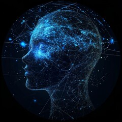 Fototapete - AI Brain: Abstract Representation of Artificial Intelligence and Neural Networks in Blue and White on Black Background