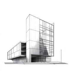 Aufkleber - Architectural Sketch of a Modern Building with Geometric Design and Clean Lines on White Background