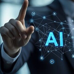 Fototapete - Artificial Intelligence Interaction: Businessman Touching a Glowing AI Network Display Screen.