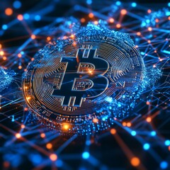 Poster - Bitcoin Blockchain: Digital Currency Interconnectedness with Technological Mesh in Blue and Orange Hues