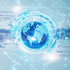 Fototapete - Digital Earth: Global Technology Network Connectivity and Data Flow Visualization in a Light Blue Futuristic Design