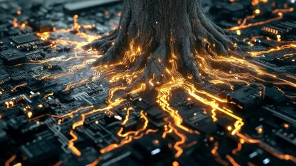 Aufkleber - Tree with glowing roots on electronic circuit board, nature and technology concept