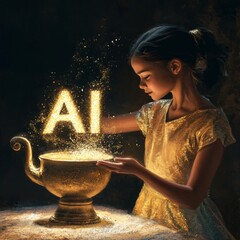 Leinwandbilder - Envisioning the Future: A Young Girl's Encounter with the Sparkling Realm of AI Technology and Golden Innovation