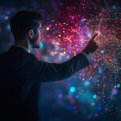 Leinwandbilder - Harnessing Innovation: A Businessman Interacting with a Connected Digital Network of Light and Information