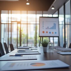Poster - Modern Conference Room Ready for a Meeting, Charts and Reports Displayed, Natural Light Streaming In