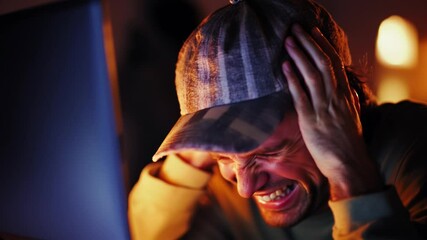 Worried programmer looking at computer screen with hands on head, in a dark room