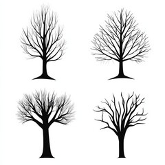 Aufkleber - Silhouetted Trees: Minimalist Illustration of Four Trees with Bare Branches on a Clean White Background