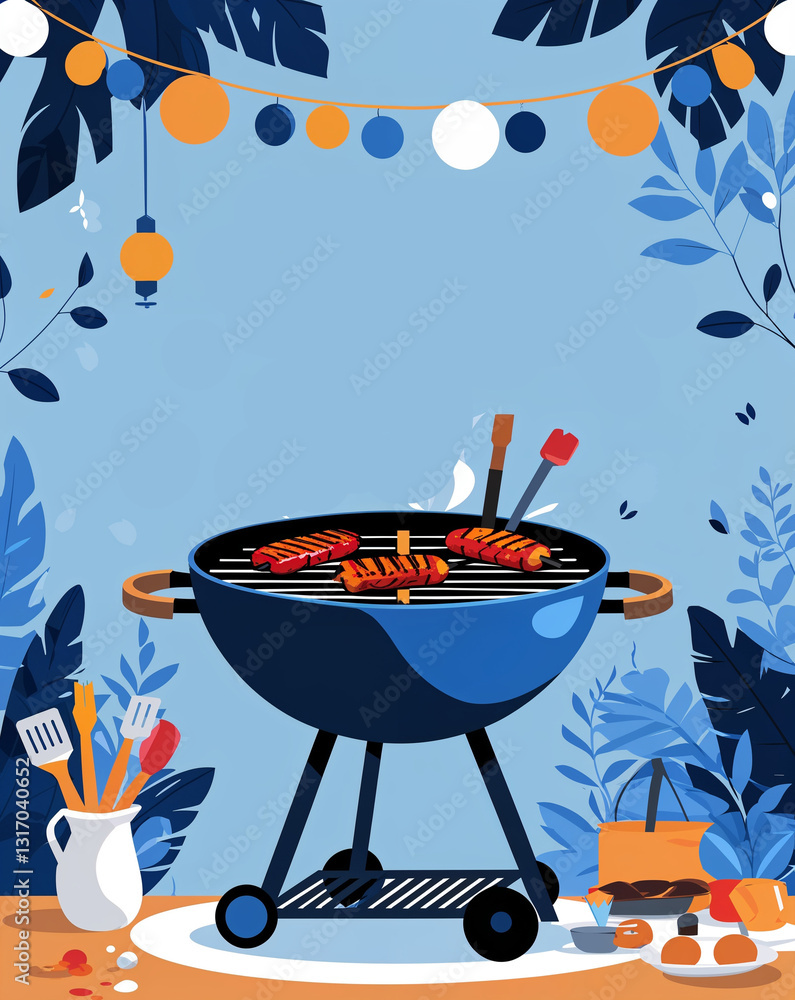 blue theme Barbeque BBQ party poster invitation plain modern flat ...
