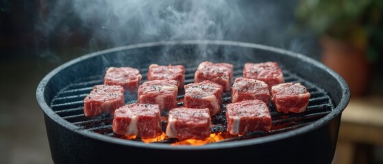 Wall Mural - Appetizing raw beef cubes grilling over hot charcoal with rising smoke in a culinary preparation close up view