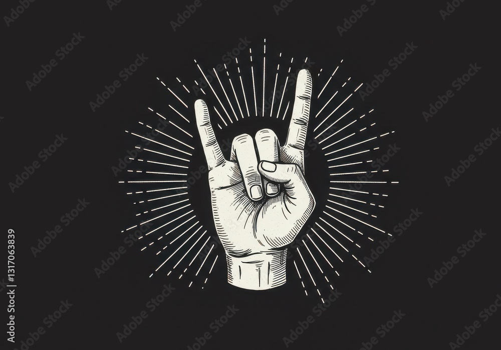 Hand gesture, rock and roll sign, devil horns, radiating lines, black