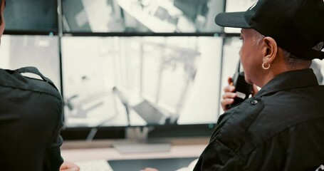 Poster - Security guard, screen and robbery with radio for surveillance, safety breach or alert in control room. People, CCTV operator or mall cop talking with display, speaker or signal for theft or danger