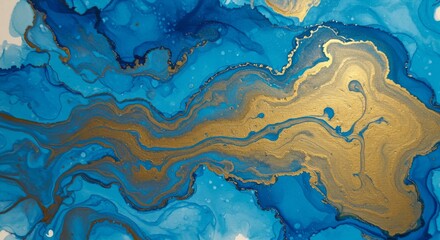 Wall Mural - hand painted background with mixed liquid blue and golden paints. abstract fluid acrylic painting