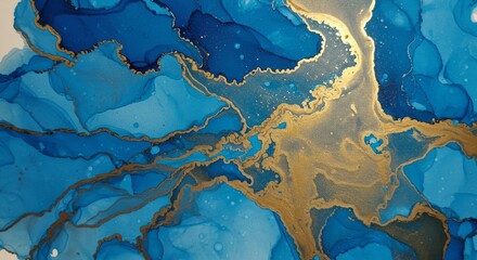 Wall Mural - hand painted background with mixed liquid blue and golden paints. abstract fluid acrylic painting