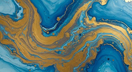Wall Mural - hand painted background with mixed liquid blue and golden paints. abstract fluid acrylic painting