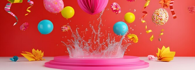 Wall Mural - a lively podium with dynamic water splashes, colorful paper streamers, and festive balloons, embodyi