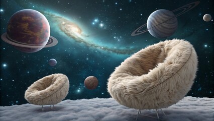 Wall Mural - Whimsical illustration of fluffy, pastel-colored planets floating in a dark blue starry space, perfect for children's designs or fantasy-themed projects.
