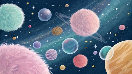 Wall Mural - Cute and imaginative scene of fluffy, cartoon planets in a starry night sky, evoking wonder and perfect for children's products or imaginative content.
