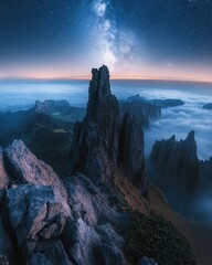 Wall Mural - majestic mountain peaks pierce through ethereal clouds under a breathtaking starry night sky landsca