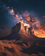 Wall Mural - majestic mountain under a celestial tapestry of milky way galaxy stars in a desert landscape at nigh