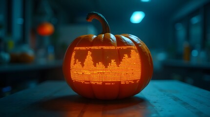 Fototapete - A glowing pumpkin, etched with digital text, sits on a counter, blending Halloween charm with a futuristic
