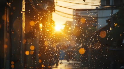 Wall Mural - A refreshing scene of water droplets suspended in the air, reflecting the golden sunlight of Songkran.