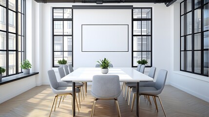 Wall Mural - modern minimalist conference room features sleek white table, gray ergonomic chairs, and natural lig