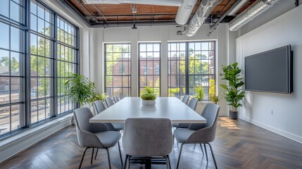Wall Mural - modern minimalist conference room features sleek white table, gray ergonomic chairs, and natural lig