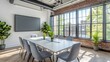 © horizon - Modern minimalist conference room features sleek white table, gray ergonomic chairs, and natural light through large windows, with herringbone flooring and small potted plants in professional setting