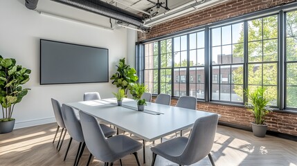 Wall Mural - modern minimalist conference room features sleek white table, gray ergonomic chairs, and natural lig