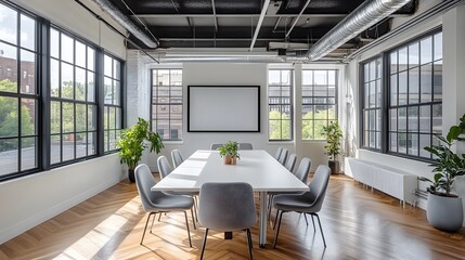 Wall Mural - modern minimalist conference room features sleek white table, gray ergonomic chairs, and natural lig